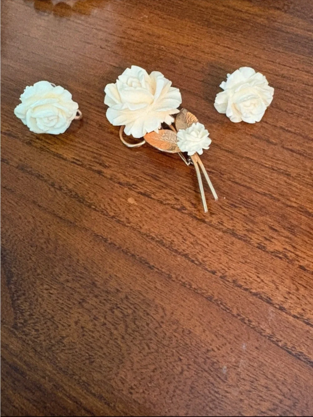Cream Floral Brooch and Clip Earrings Set with Rose Accents